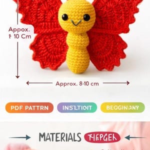 Patrón de amigurumi de mariposa a crochet en PDF, tutorial de mariposa de peluche adorable, juguete de animal apto para principiantes, patrón digital de descarga instantánea.