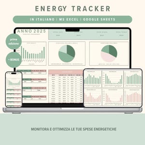 Op de afbeelding: Een laptop, tablet en smartphone tonen een energie tracker dashboard. De schermen tonen grafieken met de tekst "ENERGY TRACKER" en "IN ITALIANO | MS EXCEL | GOOGLE SHEETS". De tekst "ANNO 2025" is ook zichtbaar.