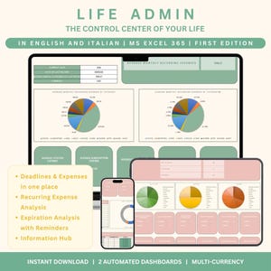 May include: A digital life admin dashboard template for MS Excel 365, featuring green and pink color schemes. The display shows pie charts, expense tracking tables, and text labels including Life Admin, The Control Center of Your Life, and Deadlines & Expenses in one place, Recurring Expense Analysis, Expiration Analysis with Reminders, and Information Hub.