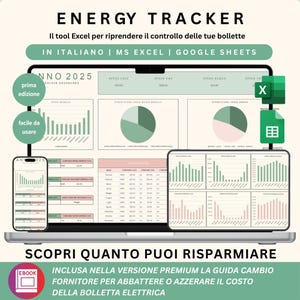 Può includere: Un cruscotto digitale per il monitoraggio energetico visualizzato su uno schermo di un portatile, uno smartphone e un tablet. L'interfaccia presenta grafici, tabelle e visualizzazioni dati in tonalità verde e rosa, con testo tra cui ENERGY TRACKER e ANNO 2025.