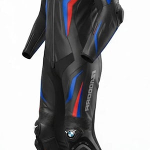May include: Black motorcycle racing suit with red and blue accents. Features the BMW logo and branding. The suit has a full-length zipper and protective padding on the knees and elbows. The suit is designed for safety and performance.