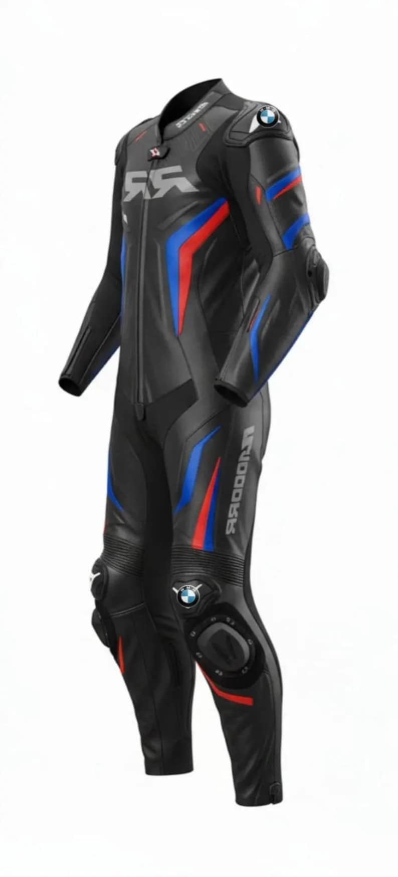 May include: Black motorcycle racing suit with red and blue accents. Features the BMW logo and branding. The suit has a full-length zipper and protective padding on the knees and elbows. The suit is designed for safety and performance.
