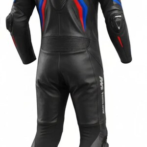 May include: Black motorcycle racing suit with blue and red accents. The suit features the BMW logo on the back and shoulders. The suit has protective padding on the shoulders, elbows, and knees. The suit is made of leather.