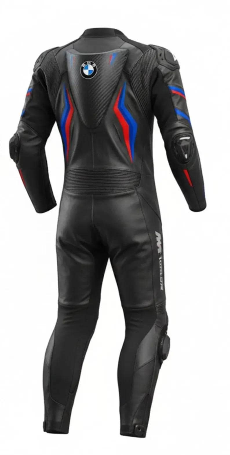 May include: Black motorcycle racing suit with blue and red accents. The suit features the BMW logo on the back and shoulders. The suit has protective padding on the shoulders, elbows, and knees. The suit is made of leather.