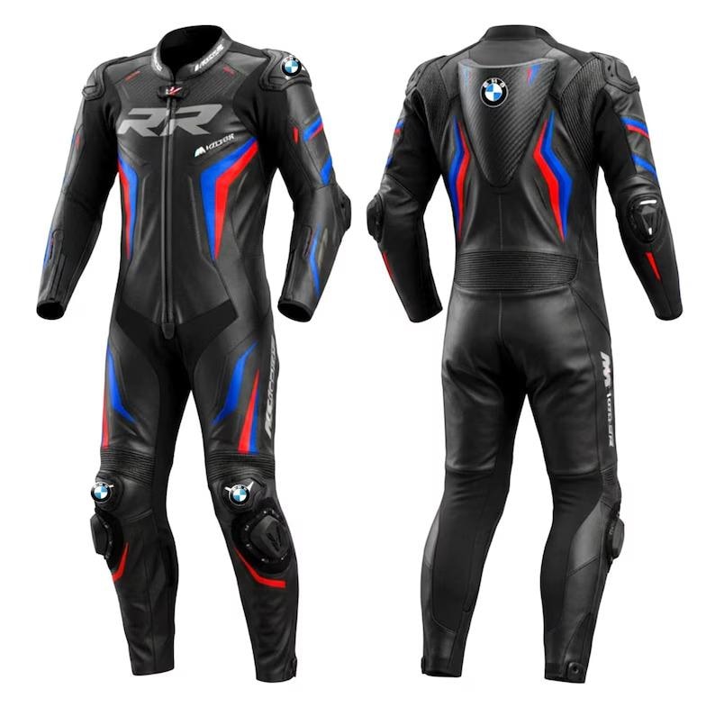 May include: Black motorcycle racing suit with red and blue accents. The suit features the BMW logo and RR branding. The suit has protective padding on the shoulders, elbows, and knees. The suit is made of leather.