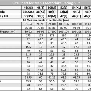 May include: Size chart for a men's motorbike racing suit, with measurements in centimeters. Includes chest, waist, hip, full length, back rise, front yoke, shoulder, collar, cuff, sleeve, knee, elbow, back yoke, inseam, front rise, thigh, ankle, and crotch.