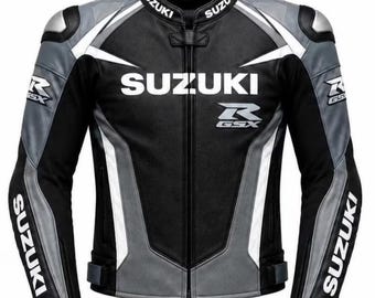 Men’s Suzuki Leather Motorcycle Jacket – CE Approved Armored Racing Biker Gear