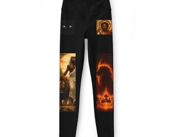Leggings con collage de iconos religiosos / Arte cristiano, cruz llameante, imágenes sagradas