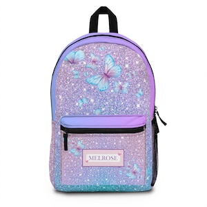 Sac à dos violet scintillant Melrose | Cartable papillon scintillant | Sac à dos pour fille | Sac à dos pour tout-petit | Retour à l'école | Sac à dos personnalisé