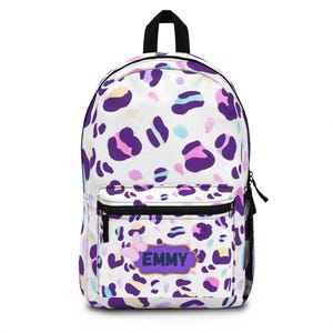 Mochila con estampado de leopardo en tonos pastel morados / Mochila con parche personalizado con nombre / Regalo para la vuelta al cole / Mochila para niños pequeños