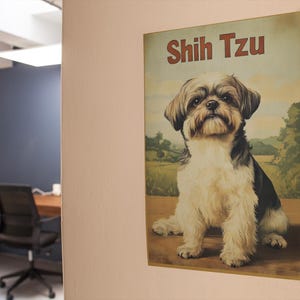 May include: A rectangular wall poster featuring a brown, black, and white Shih Tzu dog sitting in a field. The text Shih Tzu is printed in large brown letters at the top of the poster. The illustration depicts the dog with long fur.
