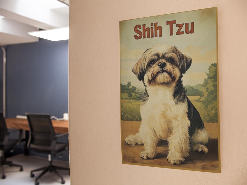 May include: A rectangular wall poster featuring a brown, black, and white Shih Tzu dog sitting in a field. The text Shih Tzu is printed in large brown letters at the top of the poster. The illustration depicts the dog with long fur.