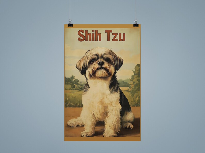 May include: A rectangular wall poster featuring a brown, black, and white Shih Tzu dog sitting in a field. The text Shih Tzu is printed in brown capital letters at the top of the poster. The background shows a landscape with green trees and a sky.
