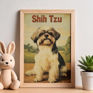 May include: A framed wall art print featuring a Shih Tzu dog illustration with the text Shih Tzu at the top. The dog has cream and black fur and is set against a landscape background. The frame is made of light-colored wood with a natural finish.