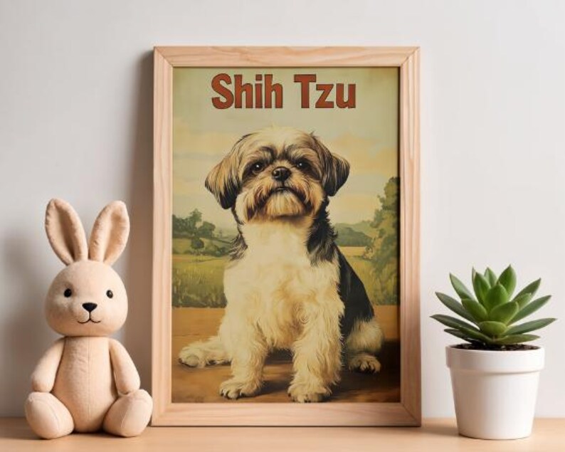 May include: A framed wall art print featuring a Shih Tzu dog illustration with the text Shih Tzu at the top. The dog has cream and black fur and is set against a landscape background. The frame is made of light-colored wood with a natural finish.