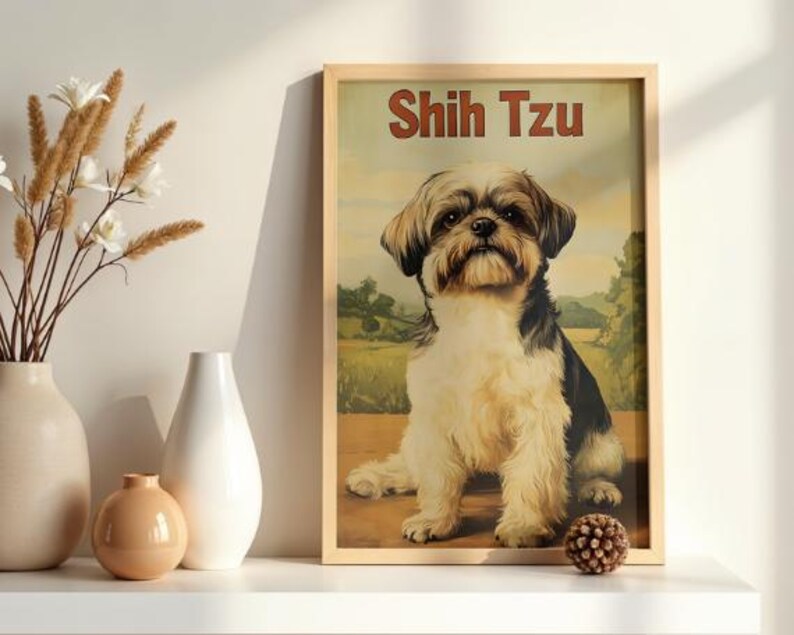 May include: A framed rectangular wall art print featuring a brown, black, and white Shih Tzu dog sitting in a field. The text "Shih Tzu" is printed in large brown letters at the top of the print. The artwork is displayed in a light wood frame.