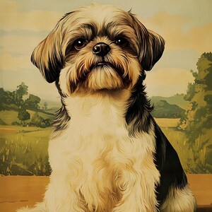 May include: A poster featuring a Shih Tzu dog with long, fluffy white, tan, and black fur. The dog is sitting in a forward-facing position. Above the dog, the text Shih Tzu is printed in bold, dark red letters against a light background.