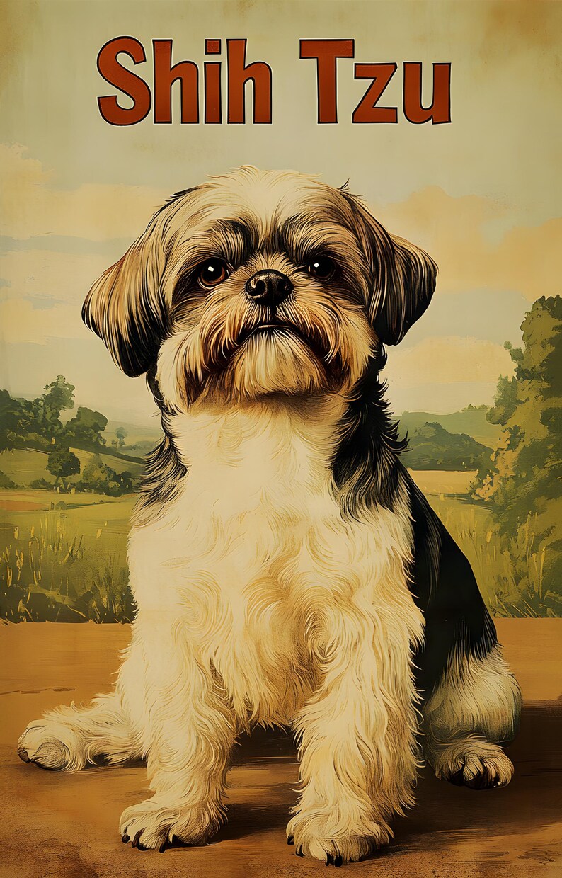May include: A poster featuring a Shih Tzu dog with long, fluffy white, tan, and black fur. The dog is sitting in a forward-facing position. Above the dog, the text Shih Tzu is printed in bold, dark red letters against a light background.