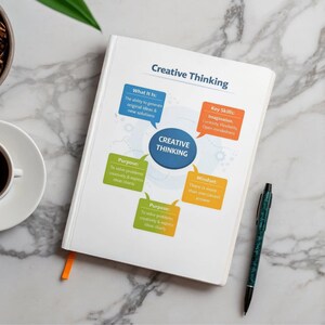 以下が含まれることがあります： オレンジ色のリボンブックマークが付いた「Creative Thinking」というタイトルの白いノート。ノートには、創造的思考、主要なスキル、目的に関するテキストを含む図が含まれています。黒とティールのペンが大理石の表面に置かれています。