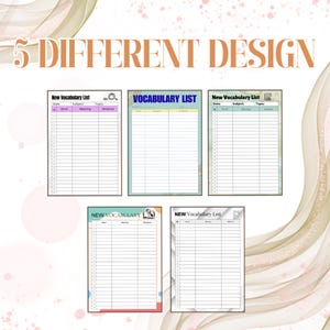 Puede incluir: Se muestran cinco diseños diferentes de listas de vocabulario. Cada lista tiene un diseño diferente, con espacios para palabras, significados y frases. Las listas son de varios colores, incluyendo azul, verde y rosa, con el texto "New Vocabulary List" y "Vocabulary List".