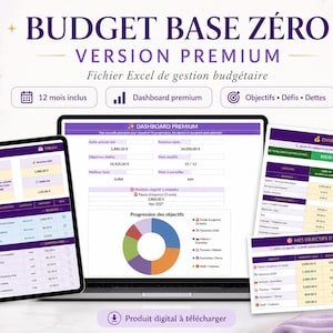 Puede incluir: Una exhibici&oacute;n de producto digital con una computadora port&aacute;til, una tableta e impresiones con datos financieros. La pantalla muestra una hoja de c&aacute;lculo de presupuesto con gr&aacute;ficos. El texto incluye "Budget Base Z&eacute;ro" y "Version Premium". La combinaci&oacute;n de colores es morado y blanco.