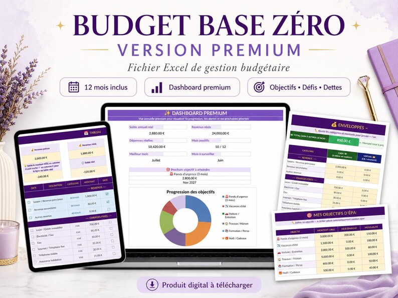 Puede incluir: Una exhibici&oacute;n de producto digital con una computadora port&aacute;til, una tableta e impresiones con datos financieros. La pantalla muestra una hoja de c&aacute;lculo de presupuesto con gr&aacute;ficos. El texto incluye "Budget Base Z&eacute;ro" y "Version Premium". La combinaci&oacute;n de colores es morado y blanco.