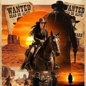 Peut inclure: Affiche de film vintage pour "LA CHASSEUSE THE BOUNTY HUNTER". L'image présente une femme à cheval, sur fond de coucher de soleil. L'affiche comprend des avis "Wanted Dead or Alive" et du texte en français.