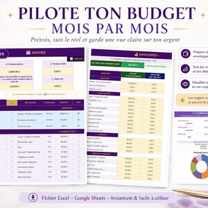 Puede incluir: Un planificador financiero digital con el texto "PILOTE TON BUDGET MOIS PAR MOIS" en morado y blanco. El planificador incluye secciones para presupuestar, rastrear ingresos y gastos. Dise&ntilde;ado para Excel y Google Sheets.
