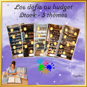 Può includere: Uno sfondo viola con il testo "Les défis au budget Stock - 5 thèmes". L'immagine presenta quattro idee per l'organizzazione della dispensa, ciascuna con scaffali di barattoli e contenitori. Una donna è seduta a una scrivania, che scrive in un quaderno.