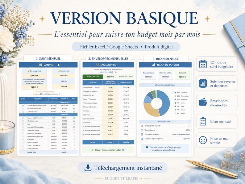 Puede incluir: Planificador de presupuesto digital con el texto "VERSION BASIQUE" y "L'essentiel pour suivre ton budget mois par mois". El planificador incluye secciones para el seguimiento mensual, sobres y un balance mensual. Con 12 meses de seguimiento presupuestario.