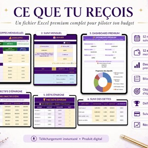 Puede incluir: Producto digital de planificaci&oacute;n financiera con un esquema de color p&uacute;rpura y blanco. La imagen muestra una serie de hojas de c&aacute;lculo digitales e iconos, incluyendo sobres mensuales, un rastreador mensual, un panel premium y objetivos de ahorro. Texto: "CE QUE TU RE&Ccedil;OIS".