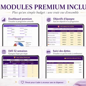 Puede incluir: Interfaz de planificador digital con cuatro m&oacute;dulos: un panel premium, objetivos de ahorro, un desaf&iacute;o de ahorro de 52 semanas y seguimiento de deudas. La interfaz se muestra en una tableta, con un bol&iacute;grafo y una vela de lavanda en el fondo.