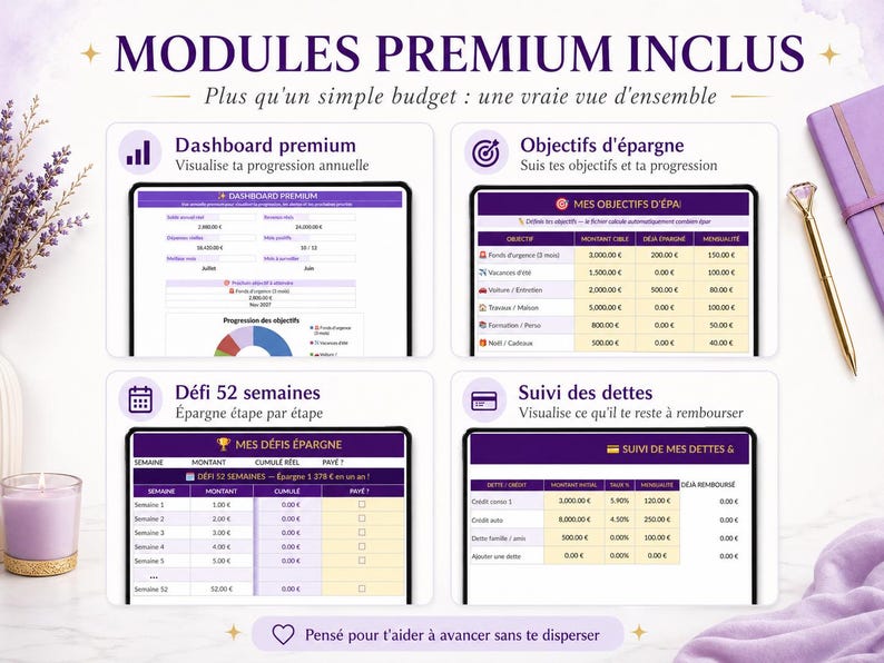 Puede incluir: Interfaz de planificador digital con cuatro m&oacute;dulos: un panel premium, objetivos de ahorro, un desaf&iacute;o de ahorro de 52 semanas y seguimiento de deudas. La interfaz se muestra en una tableta, con un bol&iacute;grafo y una vela de lavanda en el fondo.
