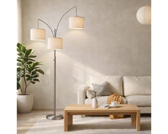Modern Arc Floor Lamp 3 Lights Dimmable Standing Lamp Gray Shade Mid Century Tall Lamp for Living Room Bedroom Office LED