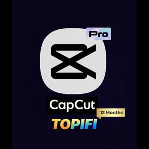 Può includere: Grafica blu scuro con il logo CapCut, un cerchio bianco con un design a X nero e la parola "Pro" sopra. Sotto il logo ci sono le parole "CapCut" e "TOPIFI". Un rettangolo dorato recita "12 Months".