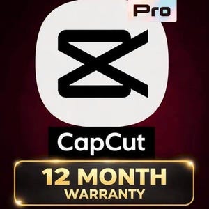 May include: A graphic with the CapCut logo, a white oval with a black X-shaped design, and the word "Pro" in a white rectangle. Below, the text "CapCut" is on a black rectangle, and a gold-bordered black rectangle reads "12 MONTH WARRANTY."