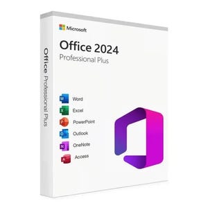 Peut inclure: Une boîte blanche avec le logo Microsoft et le texte "Office 2024 Professional Plus". La boîte affiche des icônes pour Word, Excel, PowerPoint, Outlook, OneNote et Access. Une forme géométrique violette et magenta est sur le côté droit.