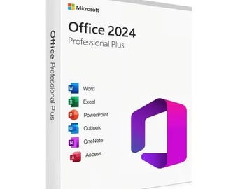 Può includere: Una scatola bianca con il logo Microsoft e la scritta "Office 2024 Professional Plus". La scatola mostra le icone di Word, Excel, PowerPoint, Outlook, OneNote e Access. Una forma geometrica viola e magenta è sul lato destro.