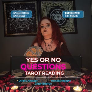 May include: A tarot reading advertisement featuring a woman holding tarot cards. The text on the image reads "YES OR NO QUESTIONS TAROT READING" and "SAME HOURS SAME DAY". Additional text includes "Direct Answer", "Clear Energy", and "Honest Insight".