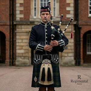 Pode incluir: Uma pessoa com traje escocês tradicional tocando gaita de foles. O traje inclui um casaco azul marinho com acabamentos brancos, um kilt xadrez e um sporran decorativo. A gaita de foles é preta e prateada, com cordões vermelhos e brancos. O fundo é um edifício de tijolos.