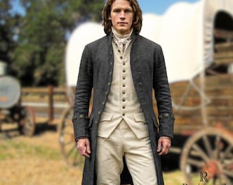 Révolution américaine, manteau et culotte en laine grise du XVIIIe siècle faits main : costume de reconstitution coloniale