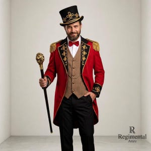 May include: A ringmaster costume featuring a red tailcoat with gold embroidery and fringe epaulets, a tan vest, black trousers, a red bow tie, and a black top hat with gold trim. A black cane with a gold lion head handle is held in one hand.