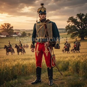 Napoleonic Hussar Jacket and Pantaloons, Fur Pelisse Coat, Red Pant with Gold Embroidery, Historical Military Costume