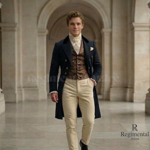 May include: A man's formal outfit, comprising a navy overcoat with gold buttons, a patterned waistcoat, and cream trousers. The ensemble includes a white collared shirt and a pocket square. The Regimental Attire logo is visible.