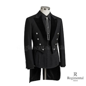 May include: A black formal jacket with a velvet collar and silver buttons. The jacket features a distinctive tailcoat design and is worn with a black shirt and a skull-shaped bolo tie. The Regimental Attire logo is visible.