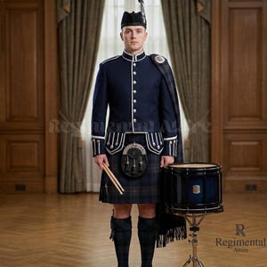 Pode incluir: Um homem em uniforme militar escocês azul marinho, incluindo um casaco com botões prateados, um kilt e um chapéu preto. Ele segura baquetas e está ao lado de um tambor azul. A roupa é formal e tradicional.