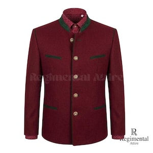 May include: A burgundy jacket with a mandarin collar, green trim, and gold buttons. The jacket is paired with a red and white polka dot shirt. The Regimental Attire logo is in the bottom right corner.