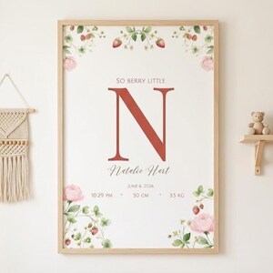 May include: A framed wall art print featuring a large red letter N, the text SO BERRY LITTLE, Natalie Hart, JUNE 6, 2026, 10:29 PM, 50 CM, and 35 KG. The design is decorated with watercolor illustrations of pink roses and red strawberries.