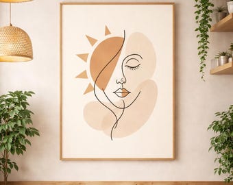 Minimalist Sun Face Line Art Print, Boho Terracotta Wall Decor (Digital Download)