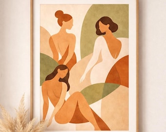 Abstract Female Figures Print, Boho Terracotta Sage Green, Mid Century Modern Art (Digital Download)